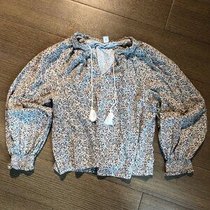 Boho Peasant Prairie Top Brown Floral Smocked Cuff Tassels Cottagecore Poet M